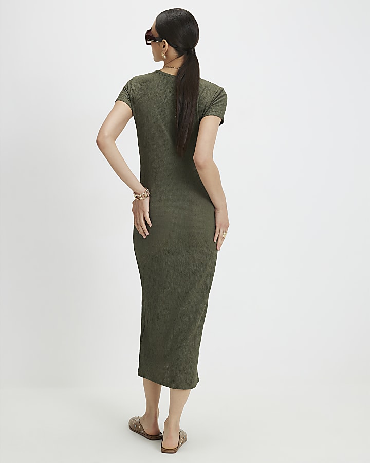 Khaki Short Sleeve Textured Midi Dress