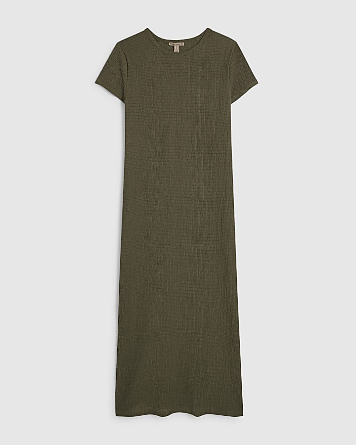 Khaki Short Sleeve Textured Midi Dress