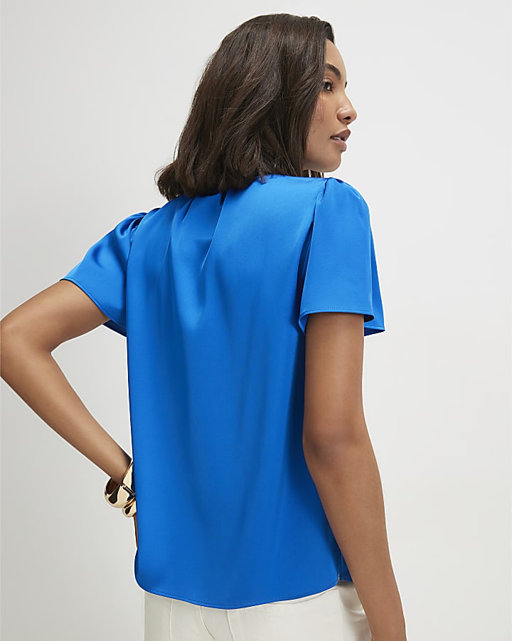 Blue Satin Short Sleeve Blouse