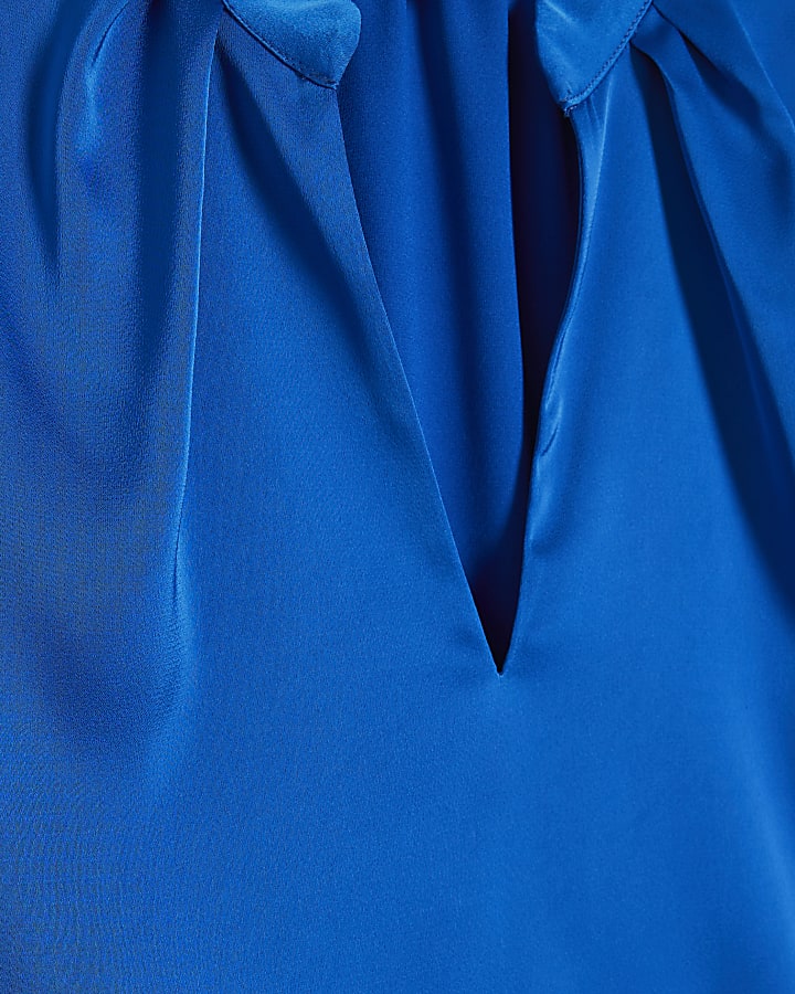 Blue Satin Short Sleeve Blouse