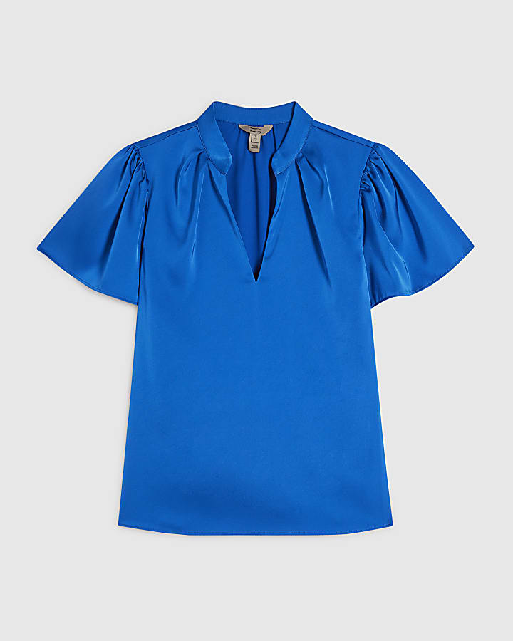 Blue Satin Short Sleeve Blouse
