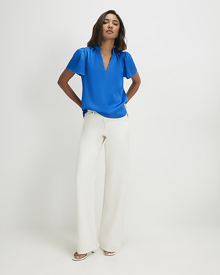 Blue Satin Short Sleeve Blouse