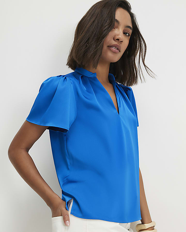 Blue Satin Short Sleeve Blouse