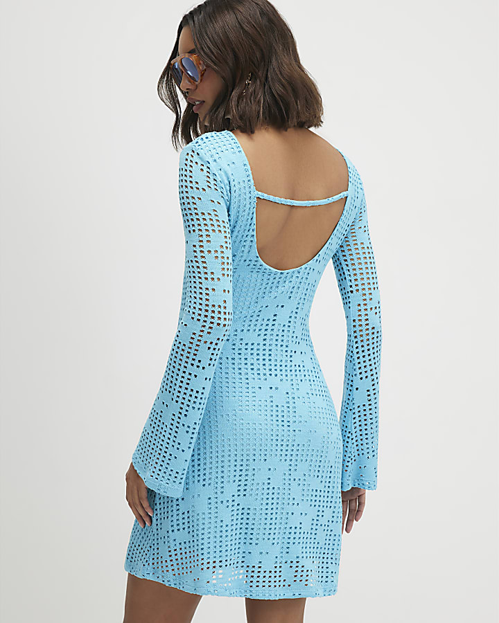 Blue Long Sleeve Crochet Mini Dress