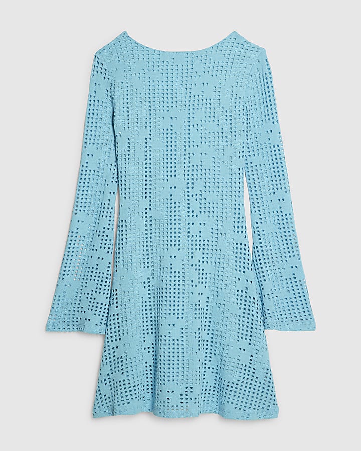 Blue Long Sleeve Crochet Mini Dress