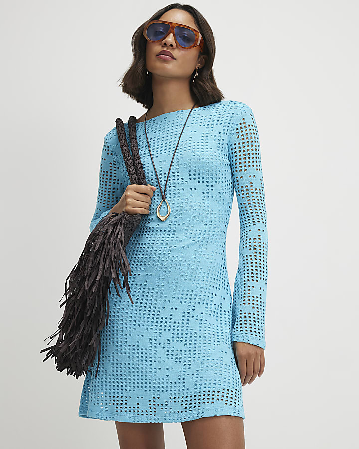 Blue Long Sleeve Crochet Mini Dress