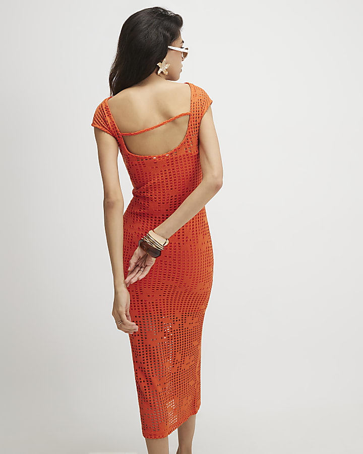 Orange Crochet Sleeveless Maxi Dress