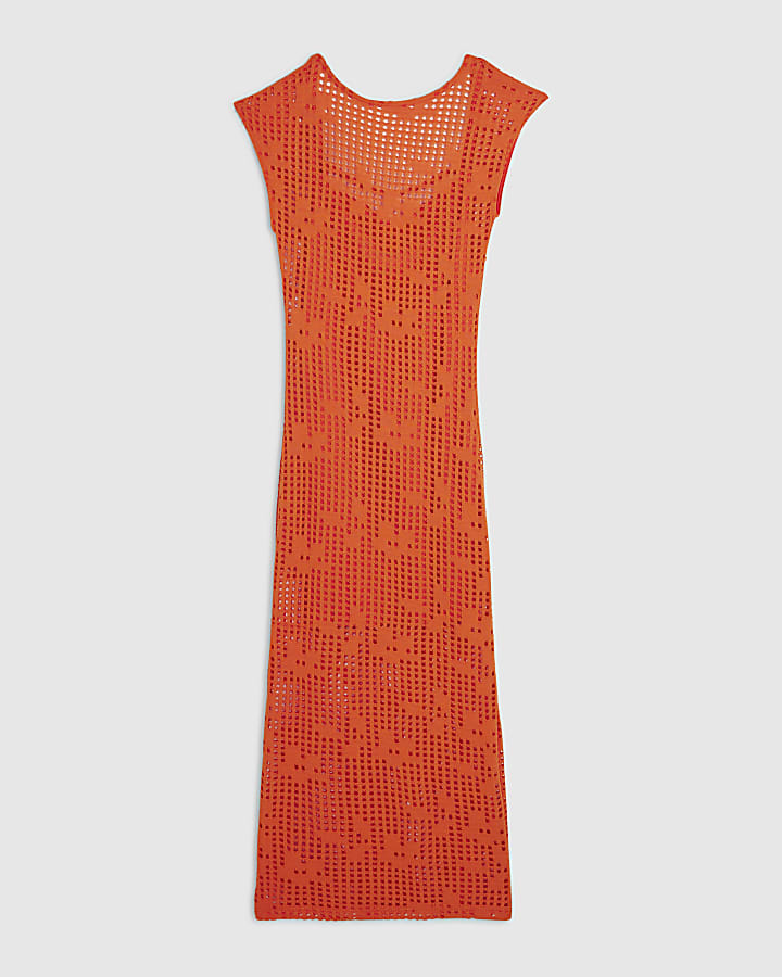 Orange Crochet Sleeveless Maxi Dress