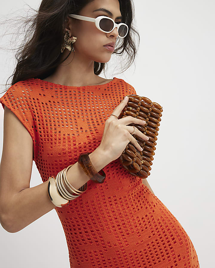 Orange Crochet Sleeveless Maxi Dress