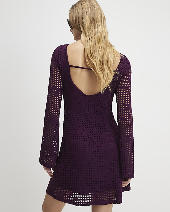 Purple Long Sleeve Crochet Mini Dress
