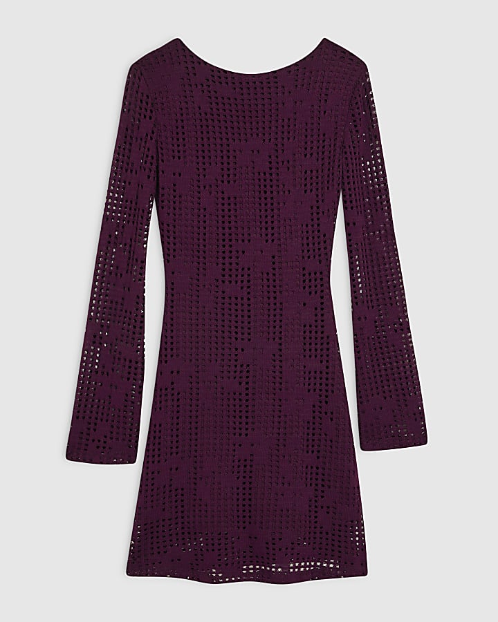 Purple Long Sleeve Crochet Mini Dress