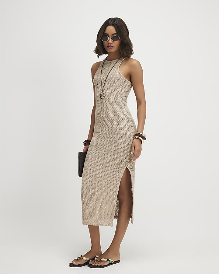 Gold Sequin Crochet Midi Dress