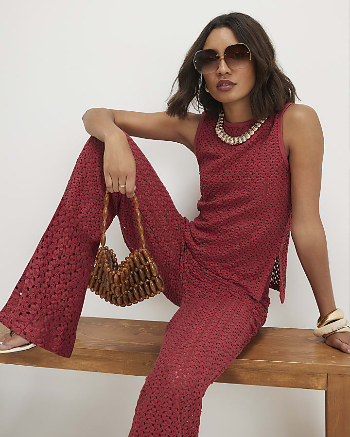 Red Crochet Wide Leg Trousers