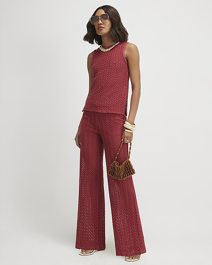 Red Crochet Wide Leg Trousers