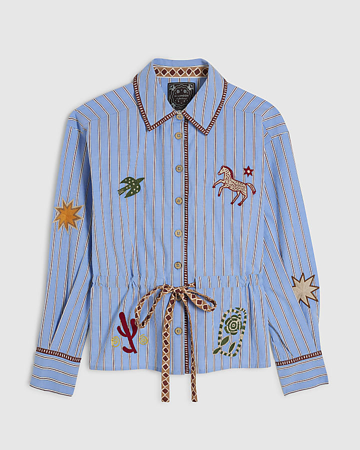 Blue Cotton Striped Horse Boutique Shirt