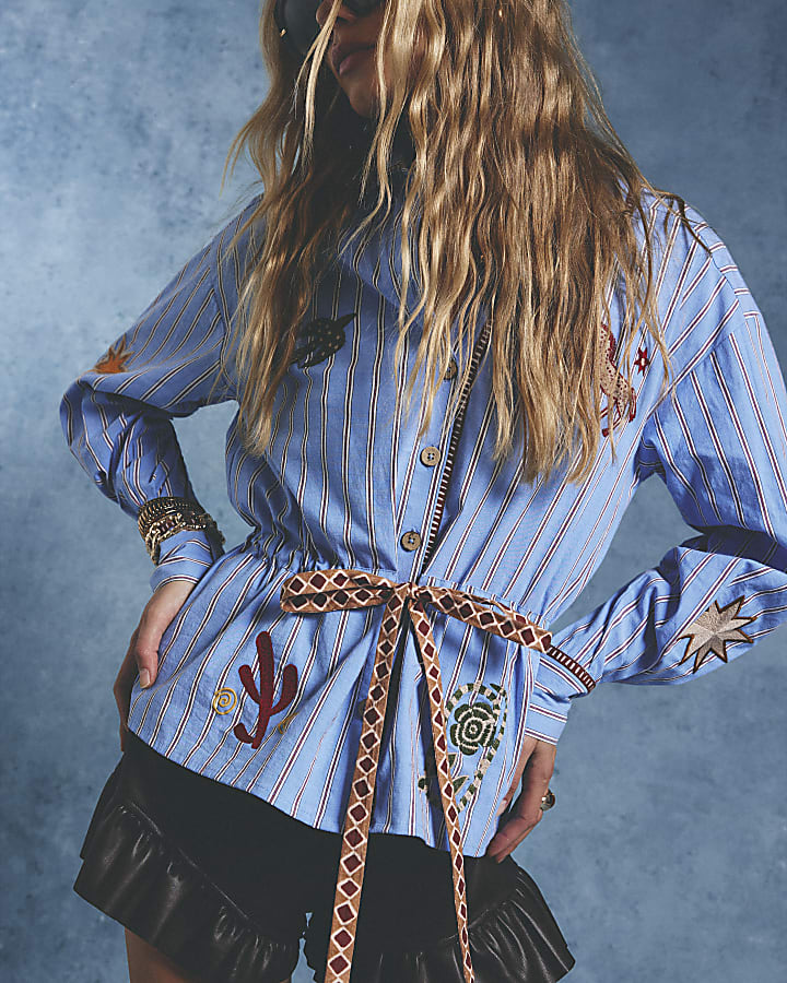 Blue Cotton Striped Horse Boutique Shirt