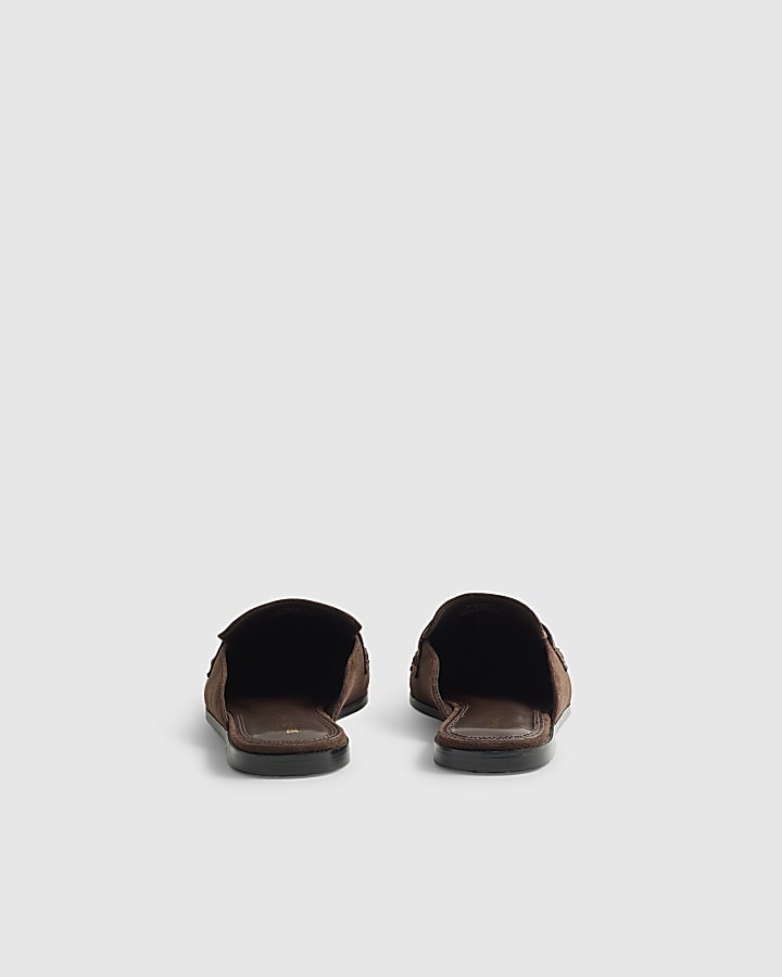 Brown Wide Fit Faux Suede Backless Loafers