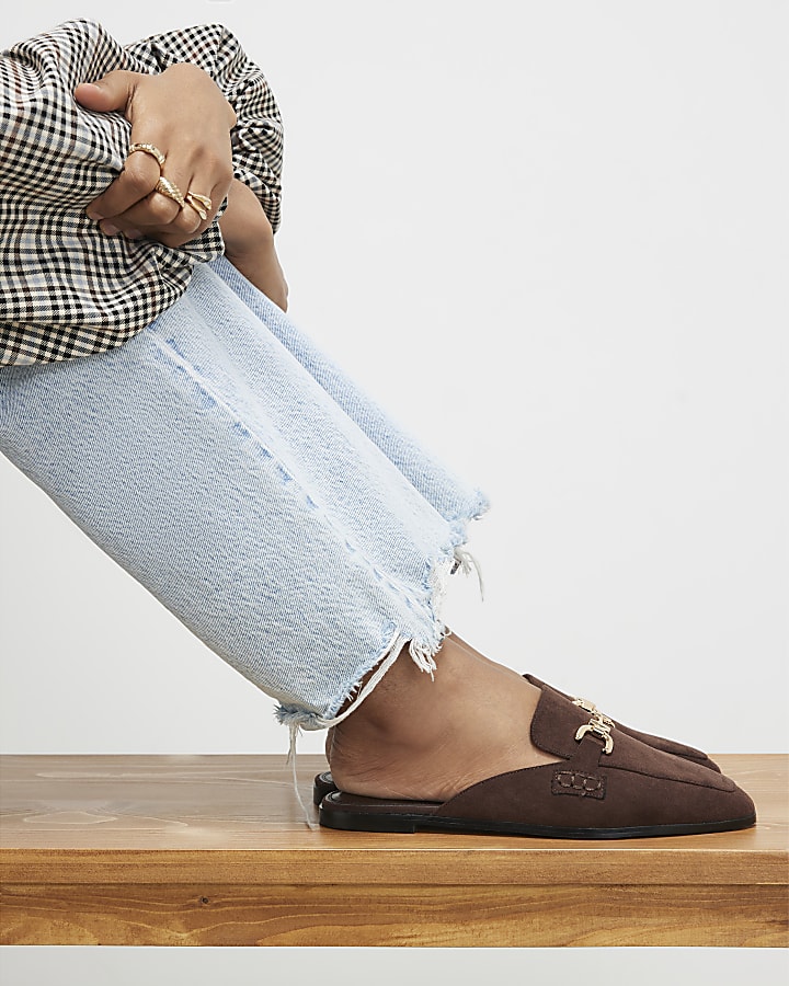Brown Wide Fit Faux Suede Backless Loafers