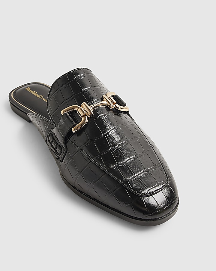Black Wide Fit Crocodile Backless Loafers