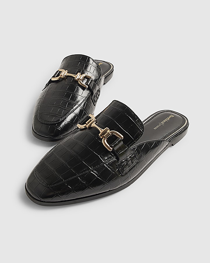 Black Wide Fit Crocodile Backless Loafers