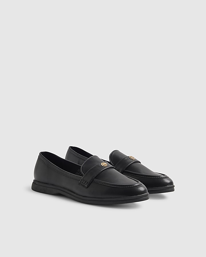 Black Wide Faux Leather Metal Decal Loafers