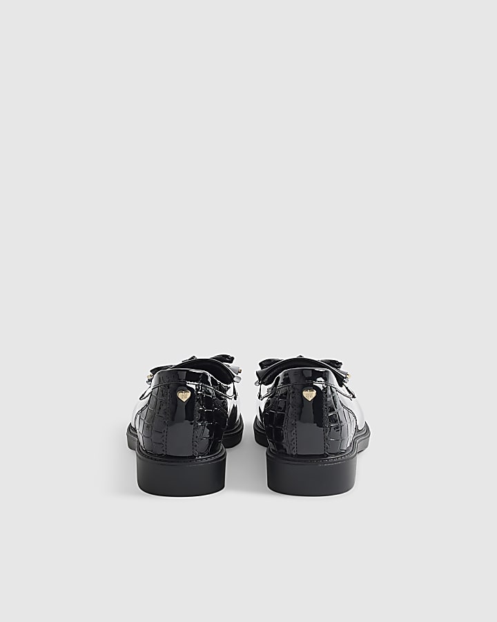 Black Wide Fit Patent Bow Fringed Loafers