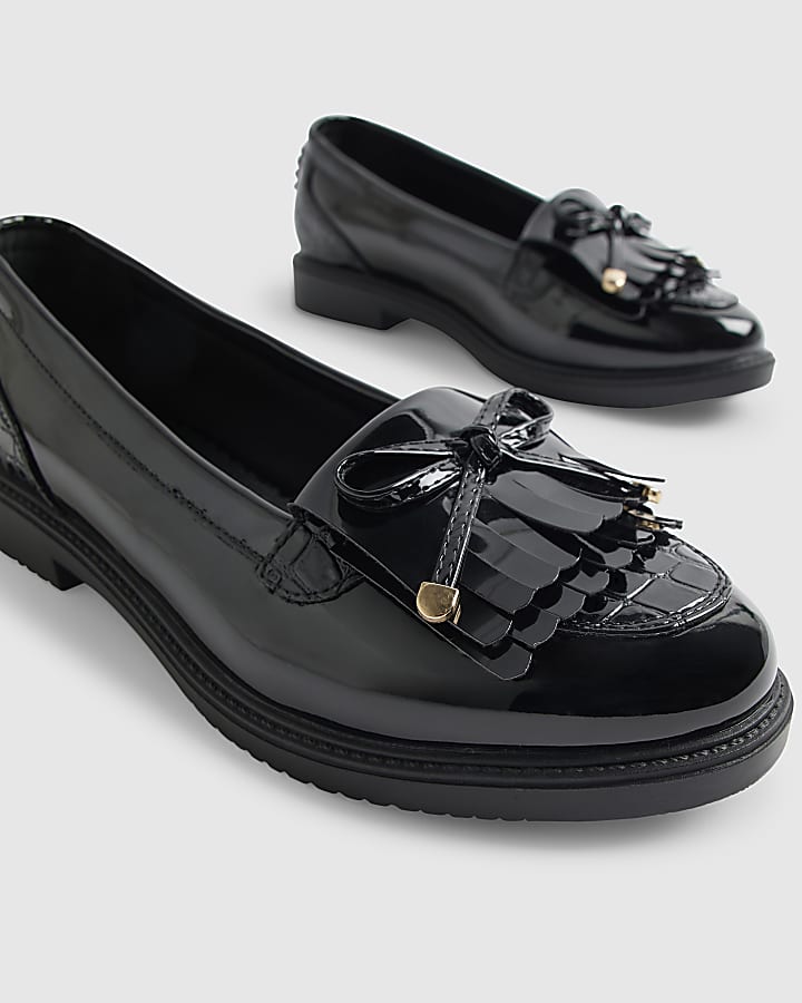Black Wide Fit Patent Bow Fringed Loafers