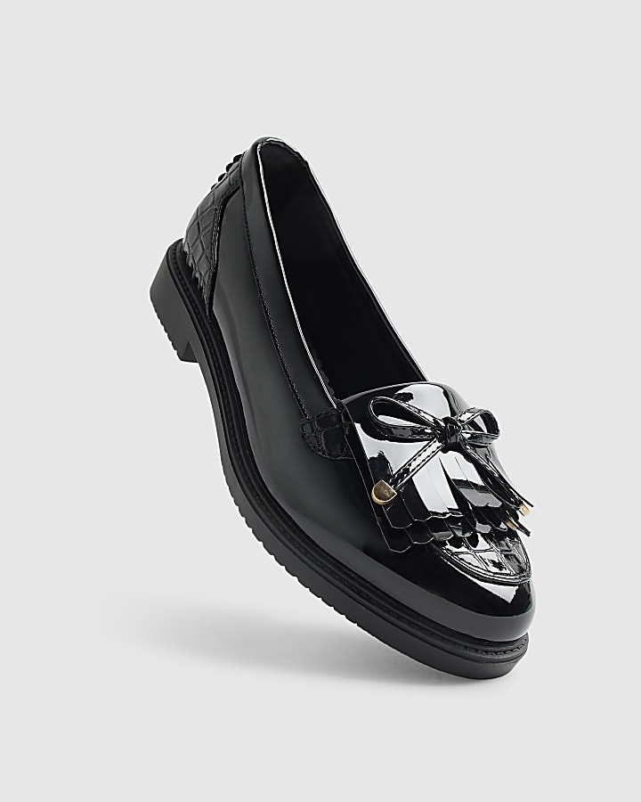 Black Wide Fit Patent Bow Fringed Loafers