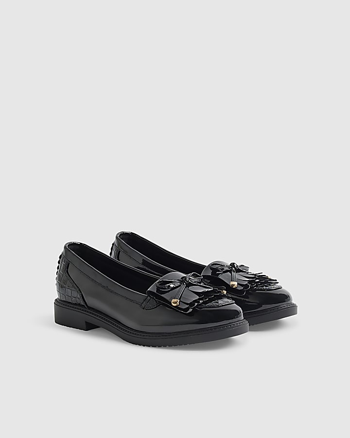 Black Wide Fit Patent Bow Fringed Loafers