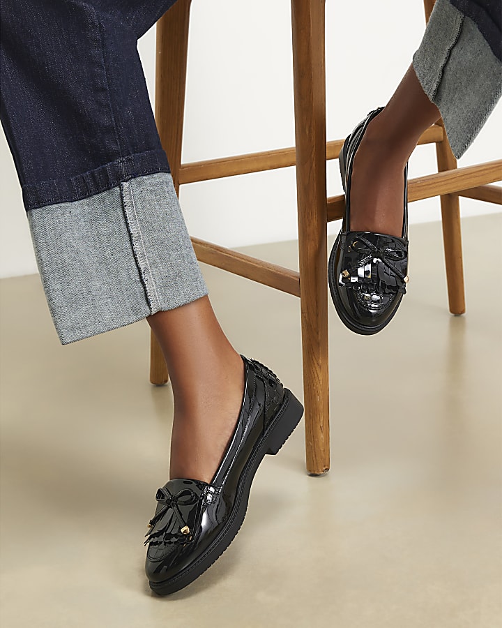 Black Wide Fit Patent Bow Fringed Loafers