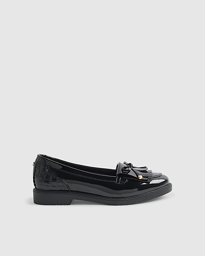 Black Wide Fit Patent Bow Fringed Loafers