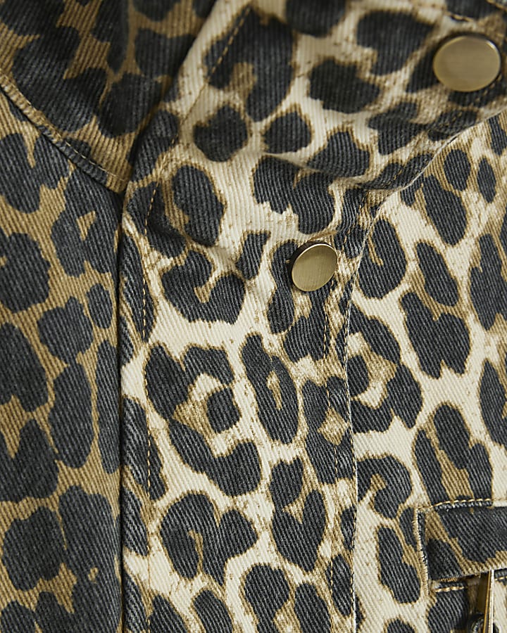 Brown Leopard Denim Funnel Neck Jacket