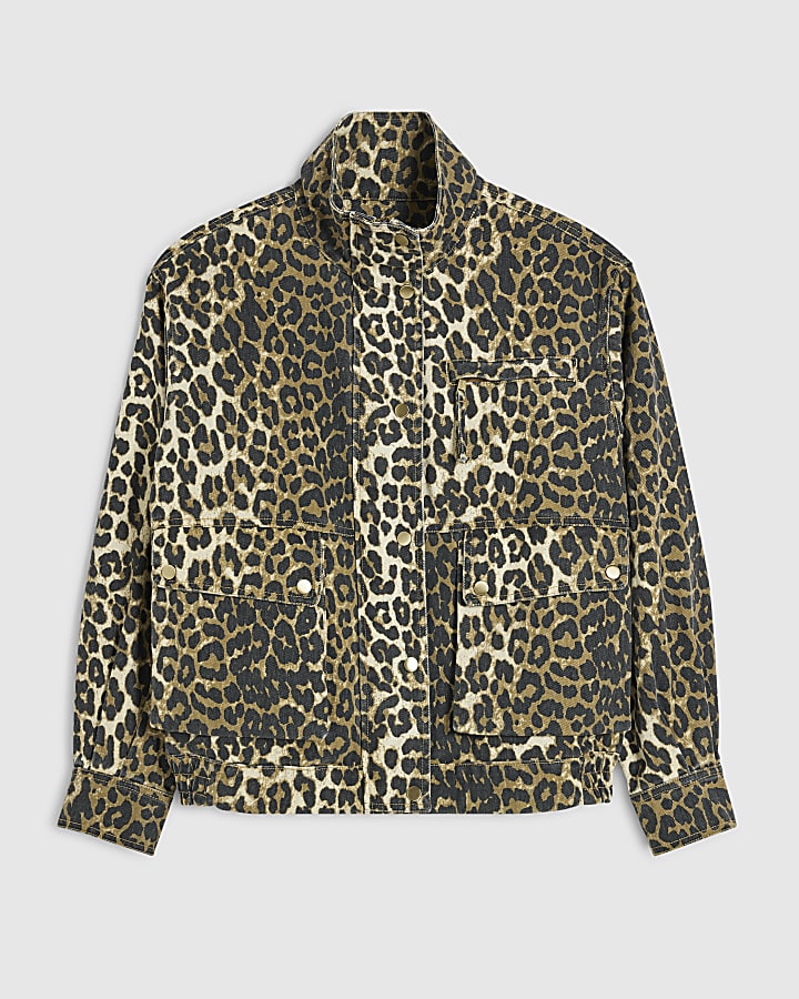 Brown Leopard Denim Funnel Neck Jacket