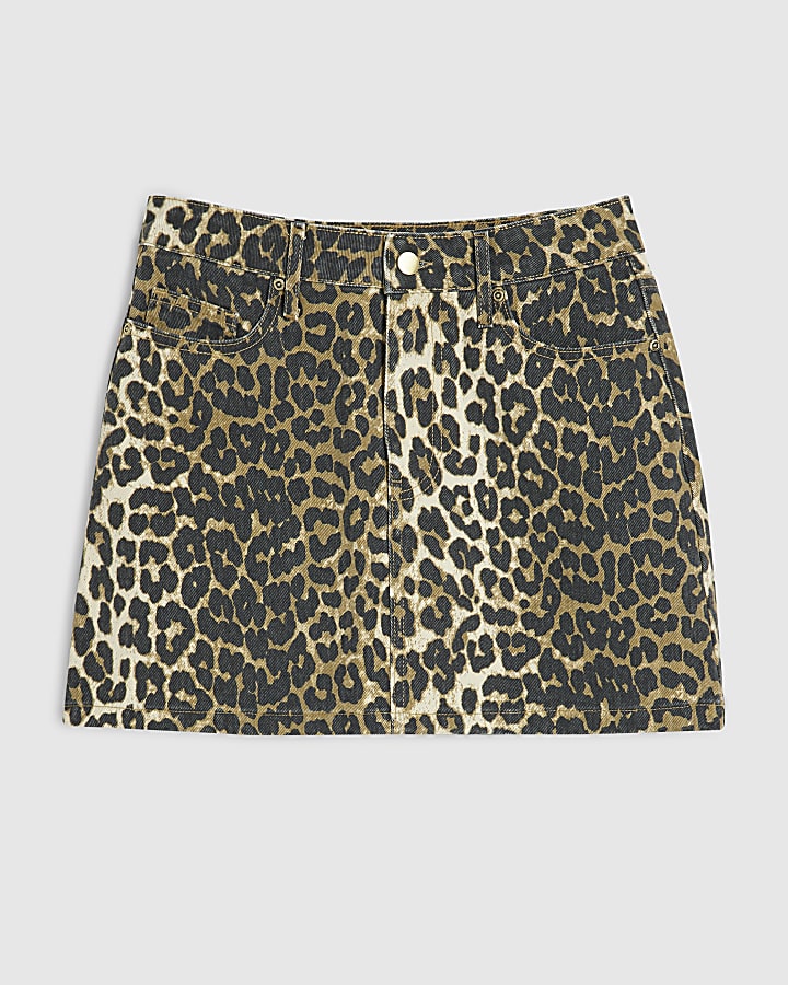 Brown Leopard 5 Pocket Denim Mini Skirt