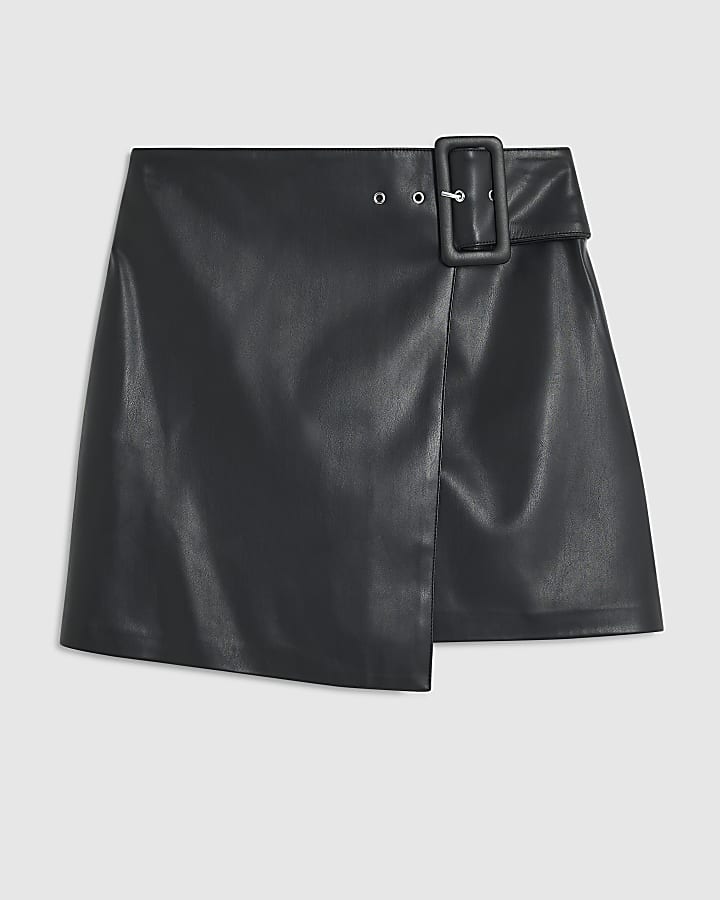 Black Faux Leather Buckle Mini Wrap Skirt