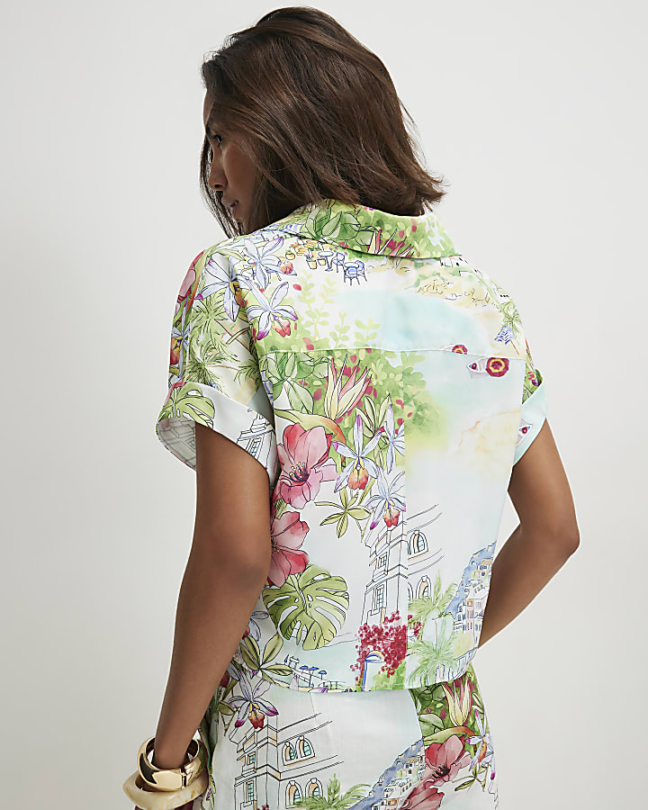 Green Printed Short Sleeve Blouse