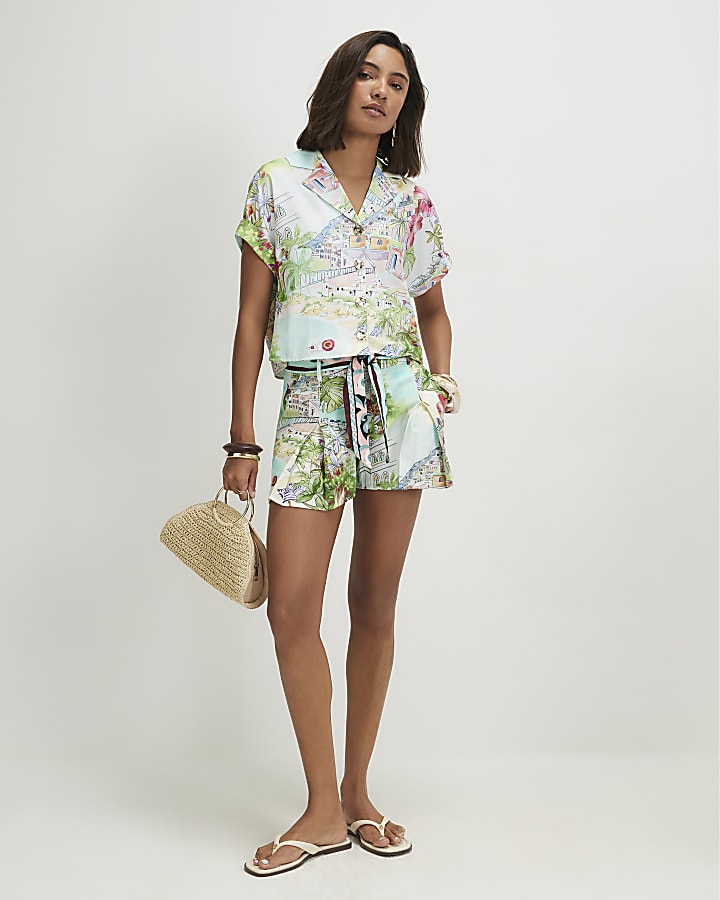 Green Printed Short Sleeve Blouse