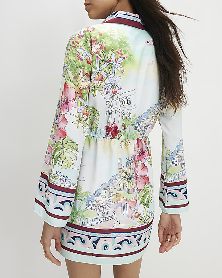 Blue Print Long Sleeve Tie Detail Mini Dress