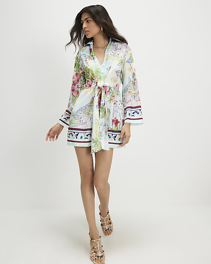 Blue Print Long Sleeve Tie Detail Mini Dress
