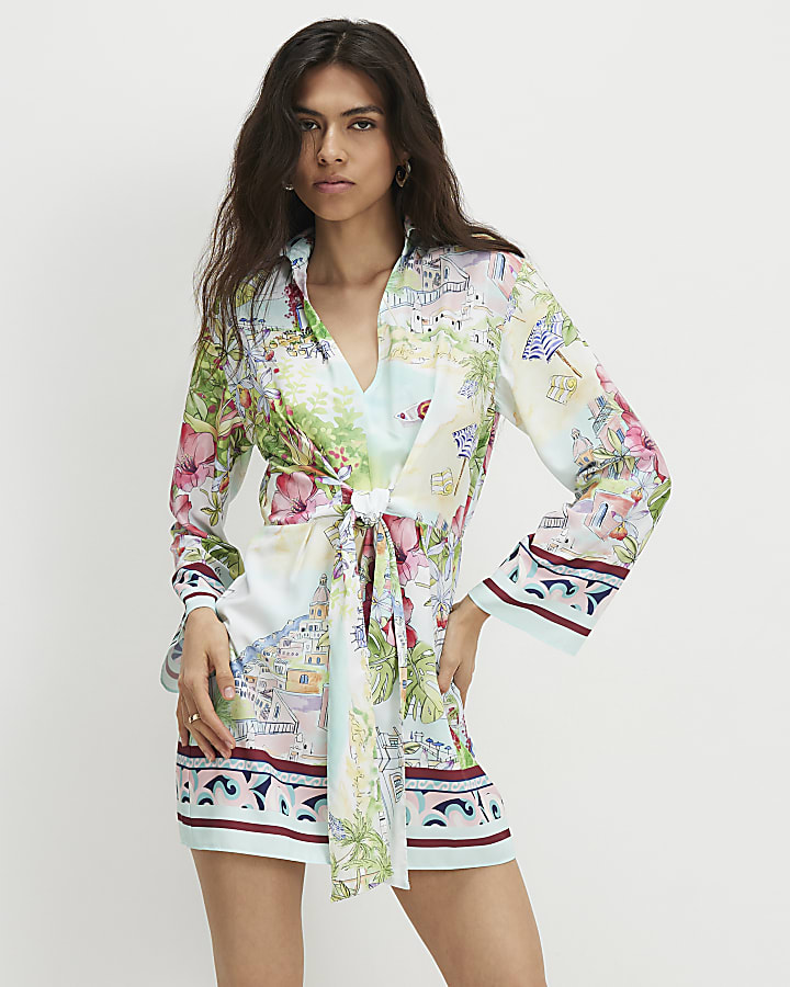 Blue Print Long Sleeve Tie Detail Mini Dress