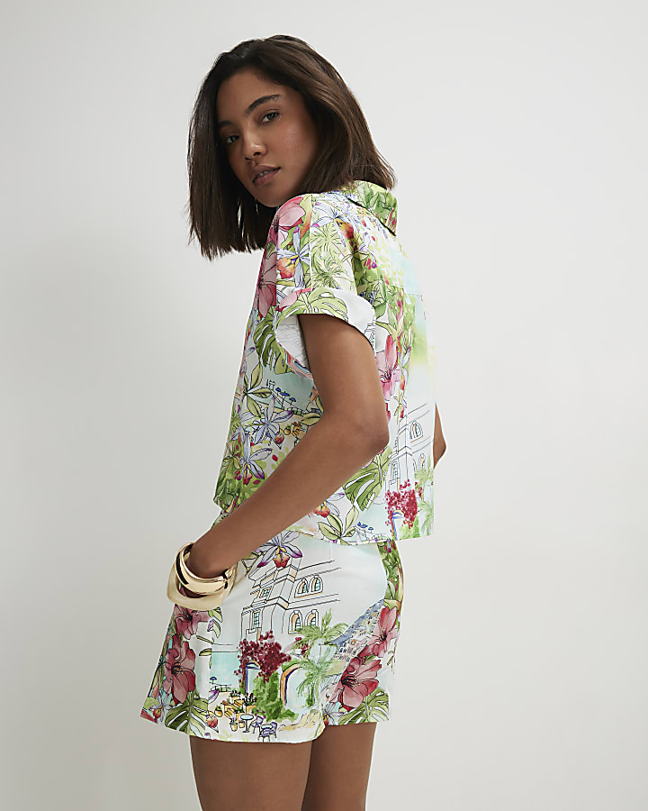 Green Printed Belted Shorts