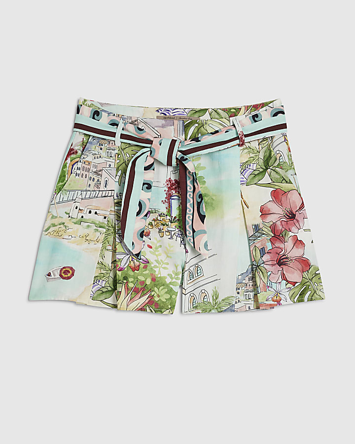 Green Printed Belted Shorts