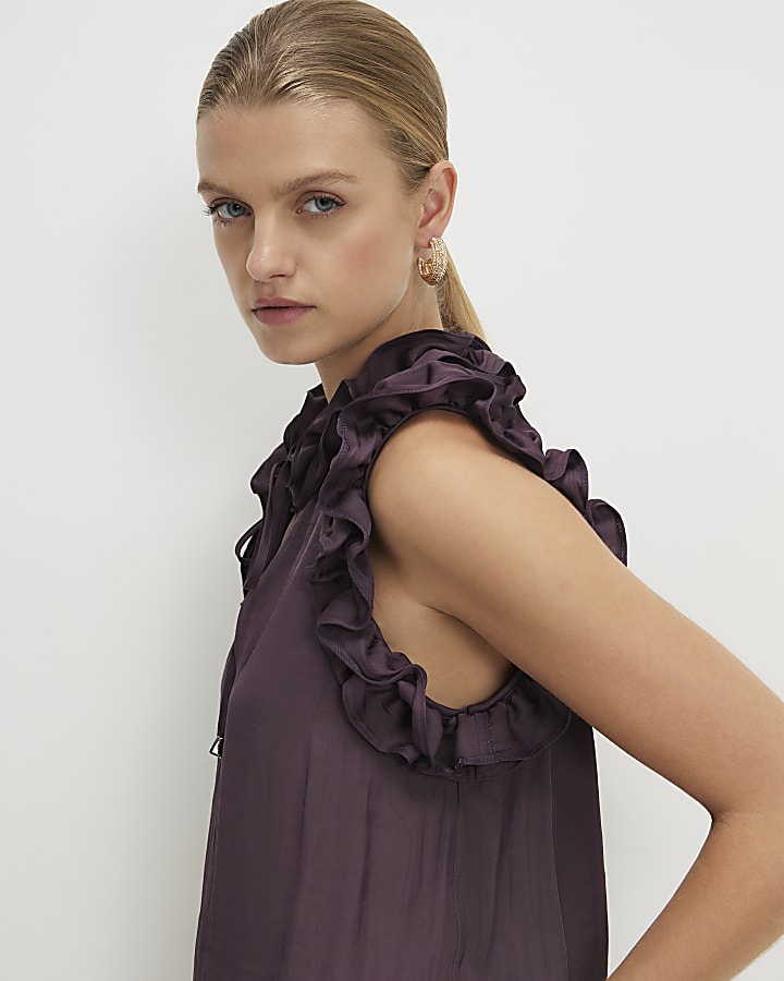 Purple Satin Ruffle Tank Top