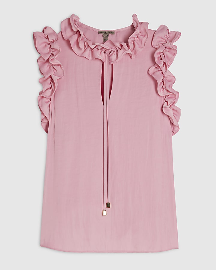 Pink Sleeveless Ruffle Tank Top