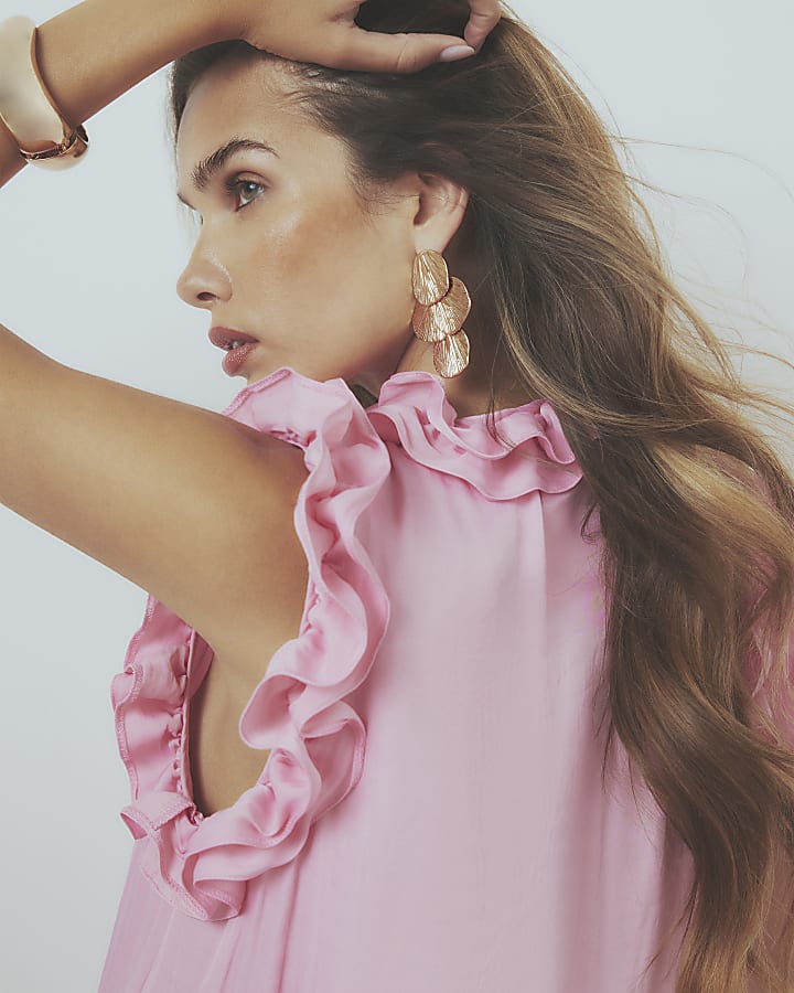 Pink Sleeveless Ruffle Tank Top