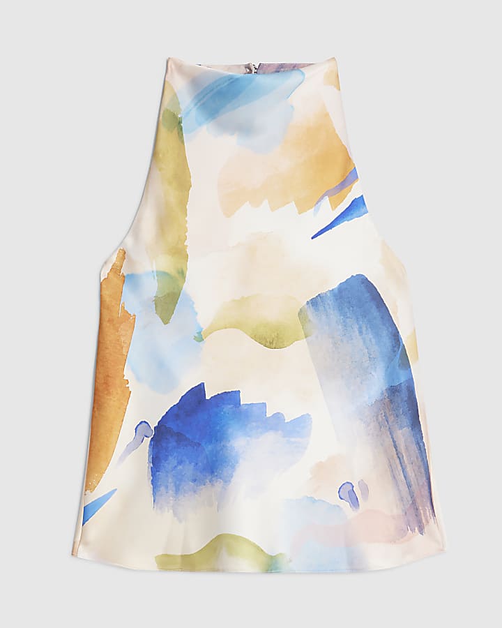 Cream Smudge Print Halter Neck Top