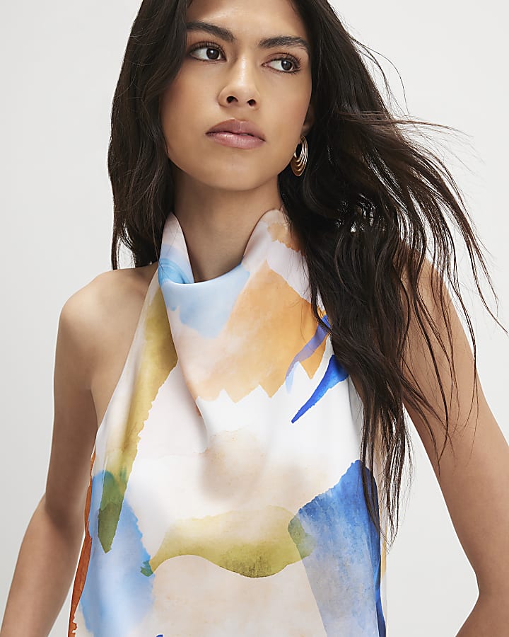 Cream Smudge Print Halter Neck Top