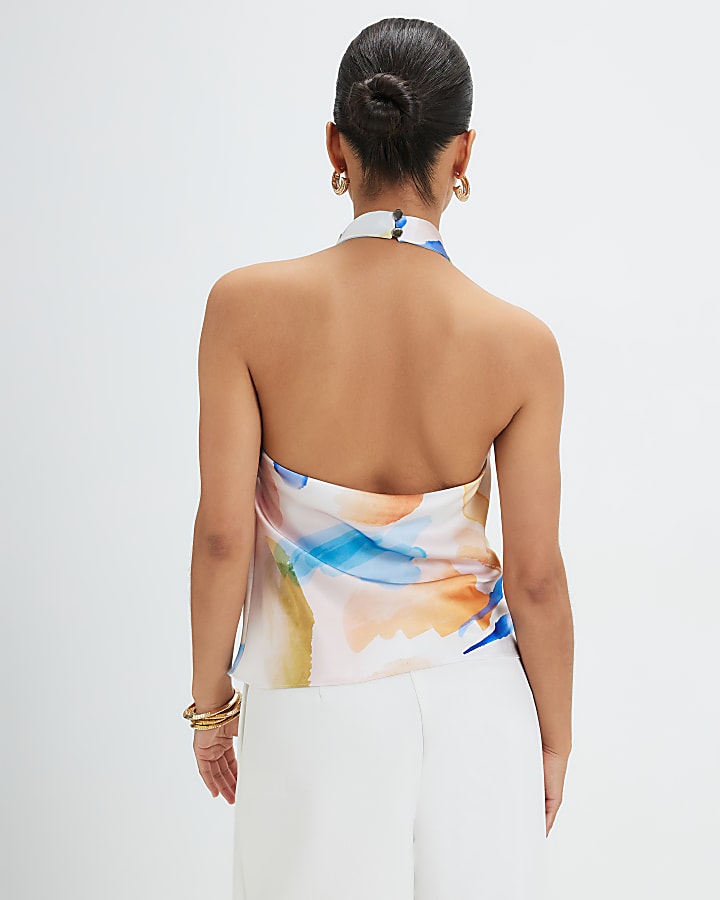 Petite Cream Smudge Print Halter Neck Top