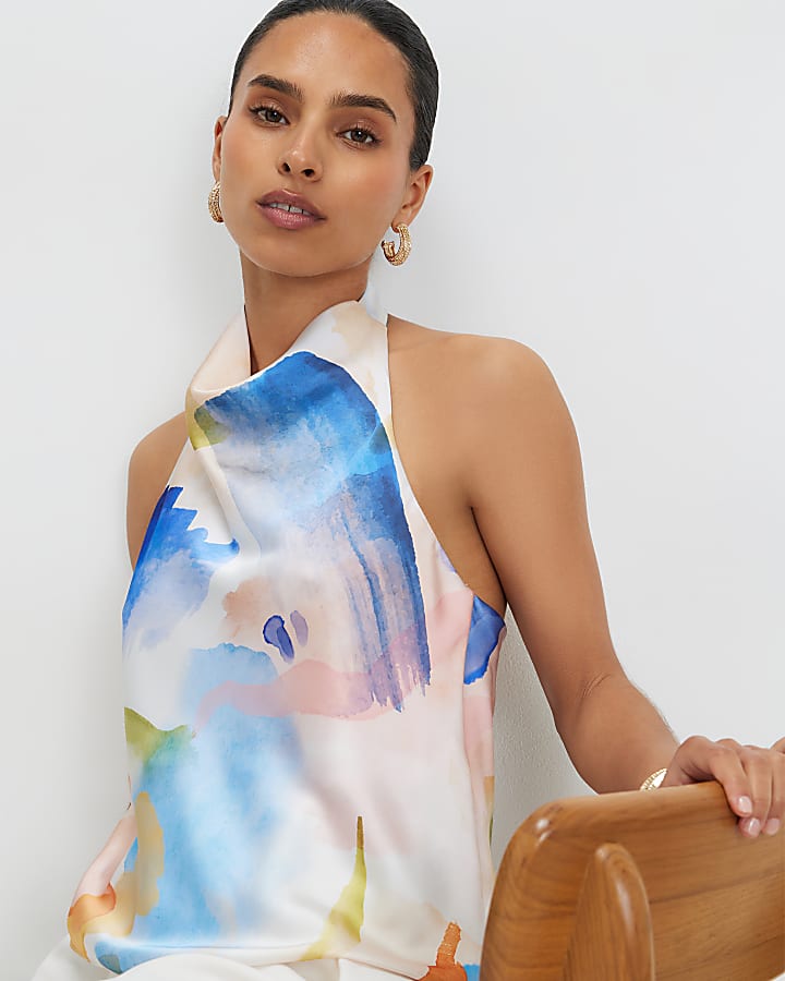 Petite Cream Smudge Print Halter Neck Top