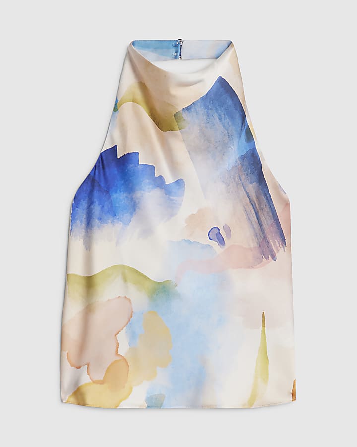 Petite Cream Smudge Print Halter Neck Top